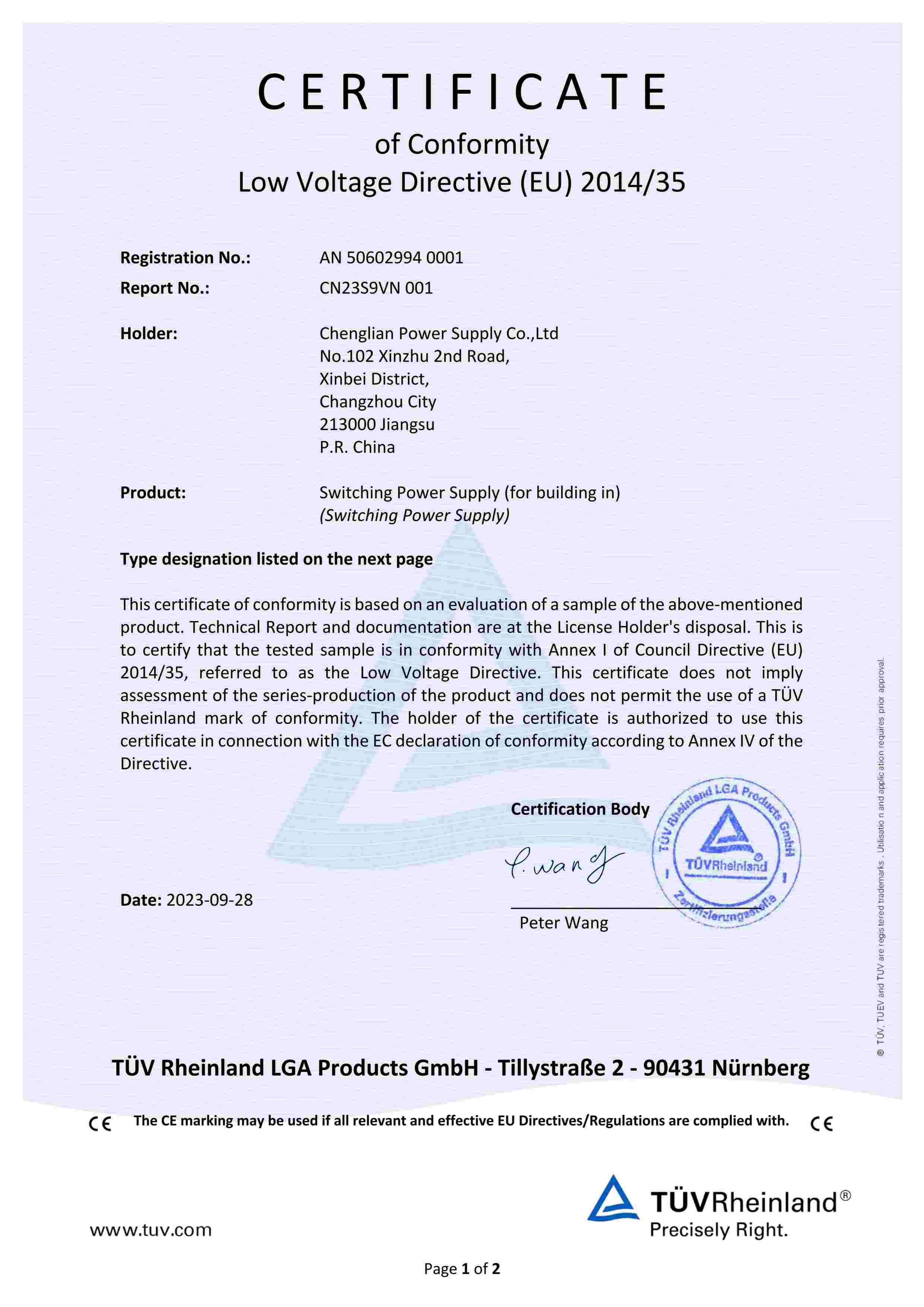 TUV-CE-LVD 證書CLD150-1K2-28,24 50602994_0001_CN23S9VN 001 CE-LVD cert_extsigned_00.jpg